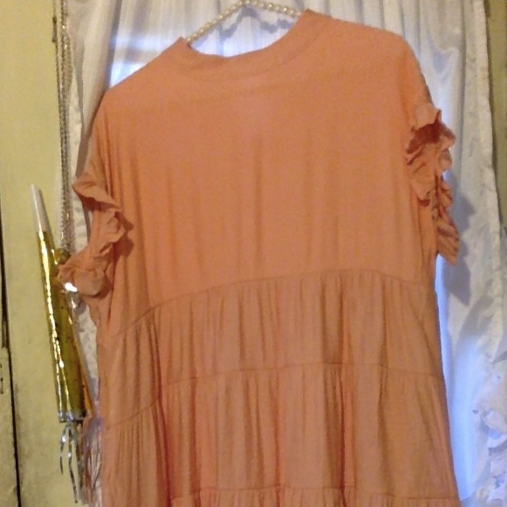 Peach-colored Ruffle Short Sleeve Tiered Dress SzL